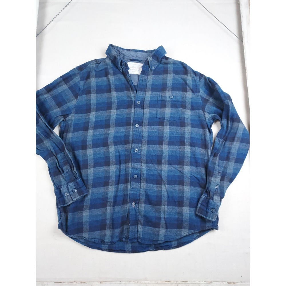 Weatherproof Vintage Mens Large Blue Plaid Linen Blend Button Front Shirt